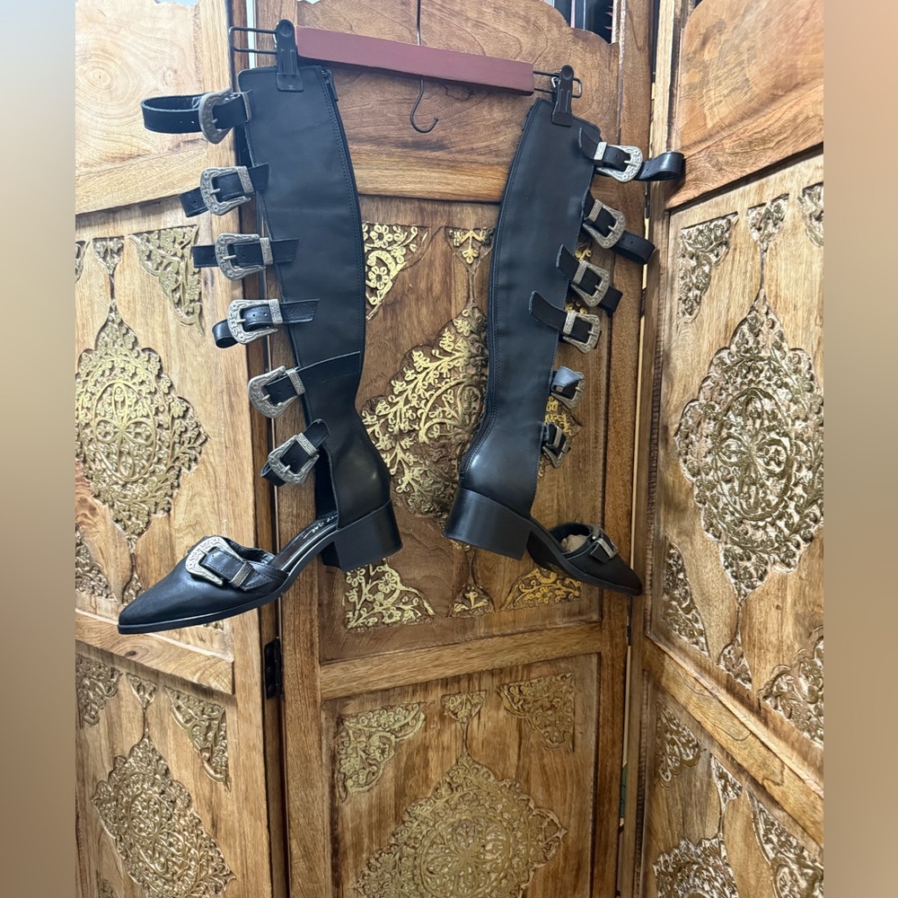 Nasty Gal  Leather Stylish Black Buckle Knee-High Boots